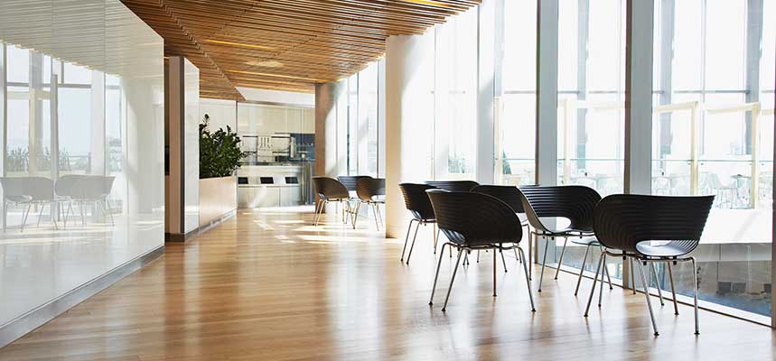 Teak wood flooring in an office building